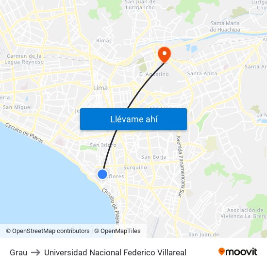Grau to Universidad Nacional Federico Villareal map