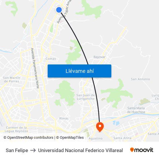 San Felipe to Universidad Nacional Federico Villareal map