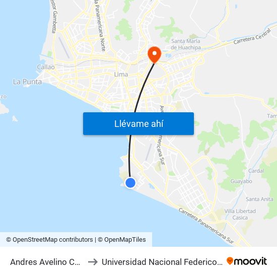 Andres Avelino Caceres to Universidad Nacional Federico Villareal map