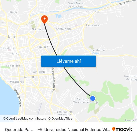 Quebrada Paraiso to Universidad Nacional Federico Villareal map