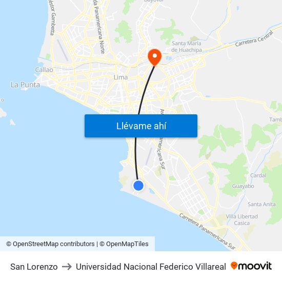 San Lorenzo to Universidad Nacional Federico Villareal map
