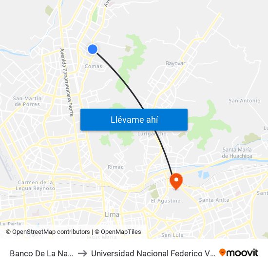 Banco De La Nacion to Universidad Nacional Federico Villareal map