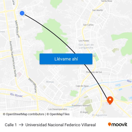 Calle 1 to Universidad Nacional Federico Villareal map