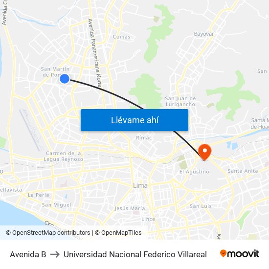 Avenida B to Universidad Nacional Federico Villareal map