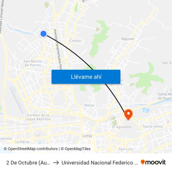 2 De Octubre (Auxiliar) to Universidad Nacional Federico Villareal map