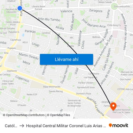 Católica to Hospital Central Militar Coronel Luis Arias Schreiber map