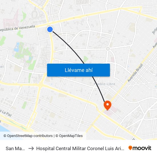 San Marcos to Hospital Central Militar Coronel Luis Arias Schreiber map