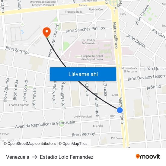 Venezuela to Estadio Lolo Fernandez map