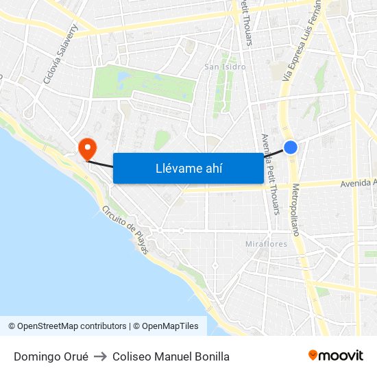Domingo Orué to Coliseo Manuel Bonilla map