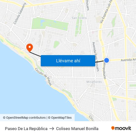 Paseo De La República to Coliseo Manuel Bonilla map