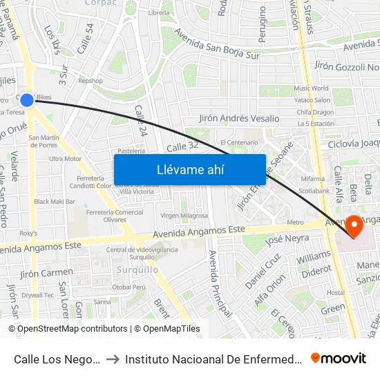 Calle Los Negocios, 499 to Instituto Nacioanal De Enfermedades Neoplásicas map