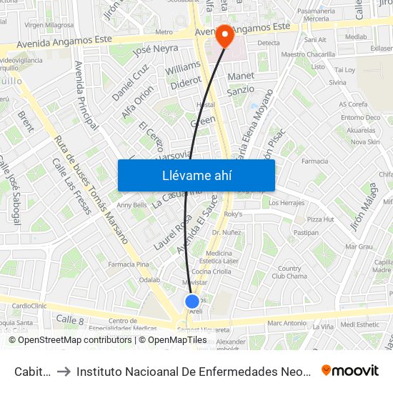 Cabitos to Instituto Nacioanal De Enfermedades Neoplásicas map