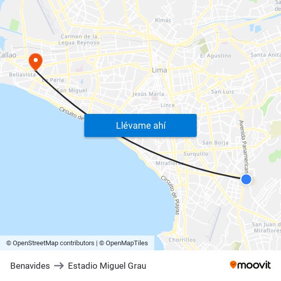 Benavides to Estadio Miguel Grau map