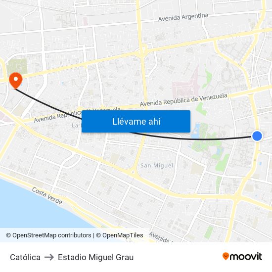 Católica to Estadio Miguel Grau map