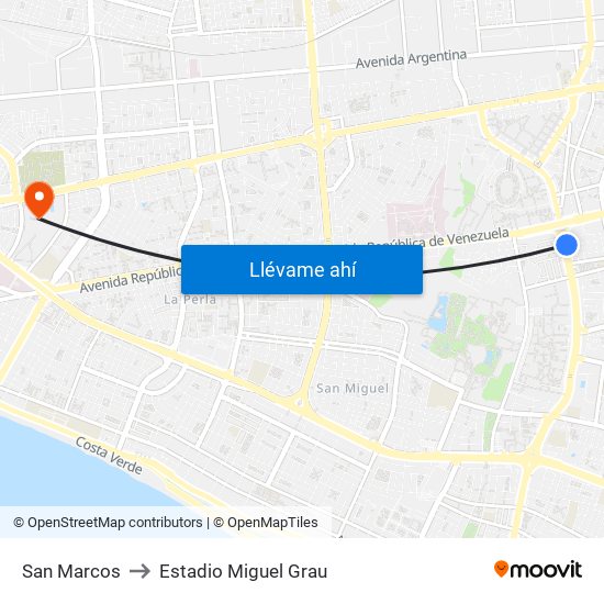 San Marcos to Estadio Miguel Grau map