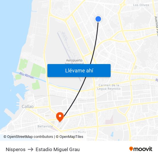 Nísperos to Estadio Miguel Grau map