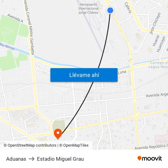Aduanas to Estadio Miguel Grau map