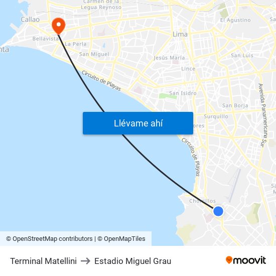 Terminal Matellini to Estadio Miguel Grau map