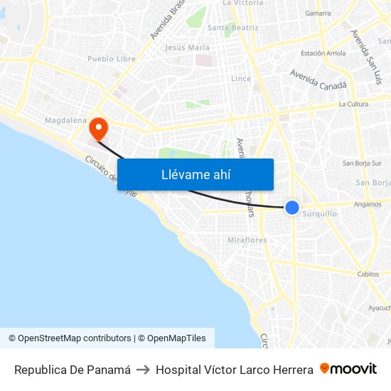 Republica De Panamá to Hospital Víctor Larco Herrera map