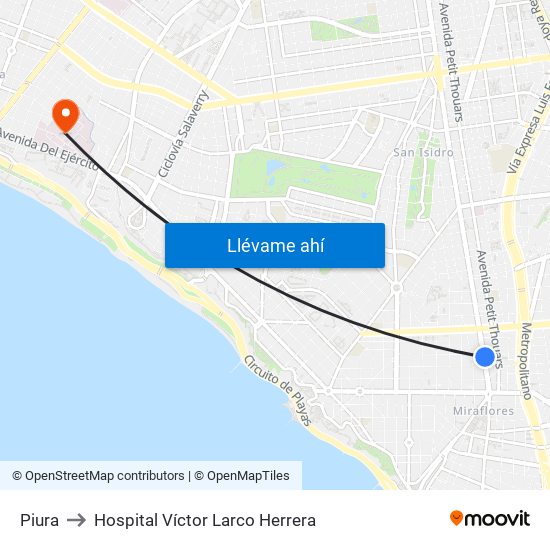 Piura to Hospital Víctor Larco Herrera map