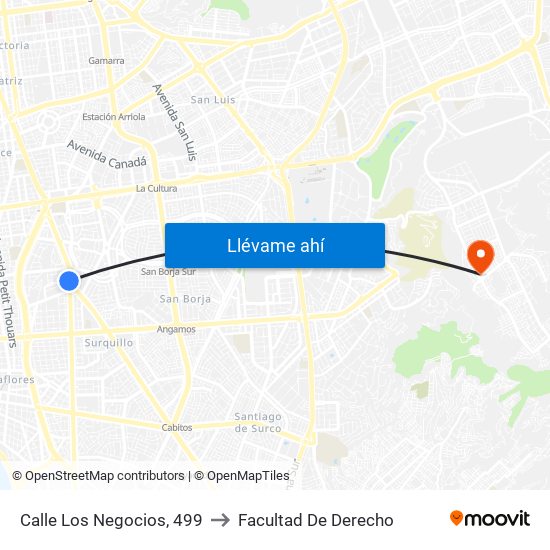 Calle Los Negocios, 499 to Facultad De Derecho map