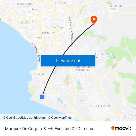 Marquez De Corpac, 8 to Facultad De Derecho map