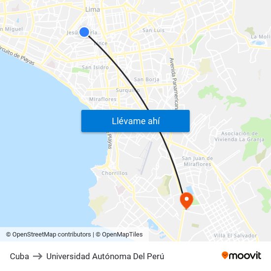 Cuba to Universidad Autónoma Del Perú map