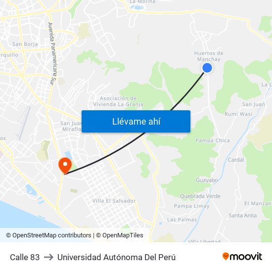 Calle 83 to Universidad Autónoma Del Perú map