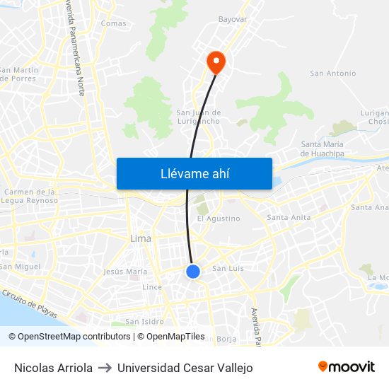 Nicolas Arriola to Universidad Cesar Vallejo map