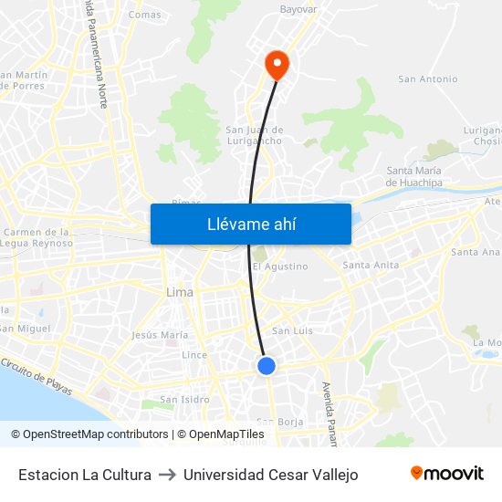 Estacion La Cultura to Universidad Cesar Vallejo map