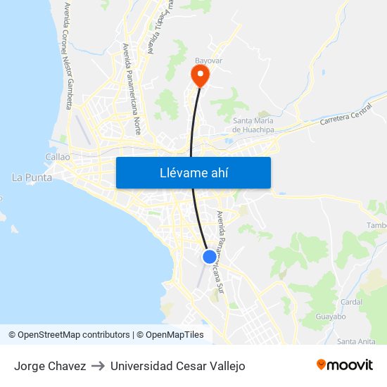 Jorge Chavez to Universidad Cesar Vallejo map