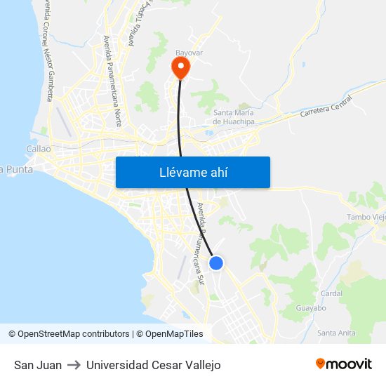 San Juan to Universidad Cesar Vallejo map