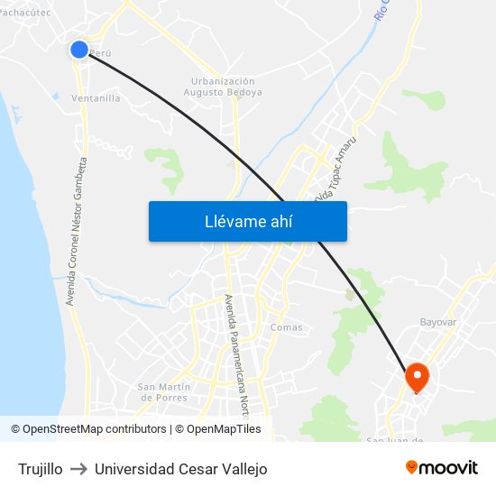 Trujillo to Universidad Cesar Vallejo map