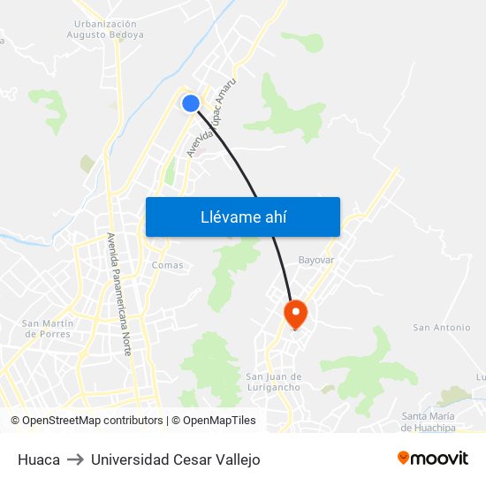 Huaca to Universidad Cesar Vallejo map