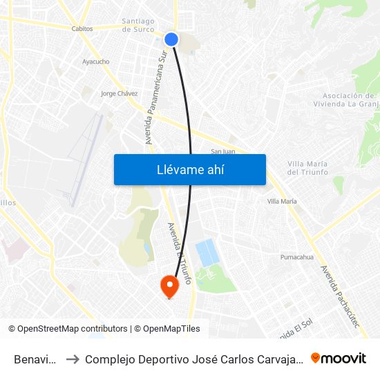 Benavides to Complejo Deportivo José Carlos Carvajal Linares map