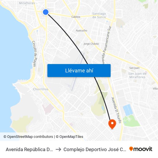 Avenida República De Panamá, 6190 to Complejo Deportivo José Carlos Carvajal Linares map