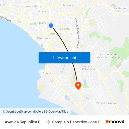 Avenida República De Panamá, 3887 to Complejo Deportivo José Carlos Carvajal Linares map