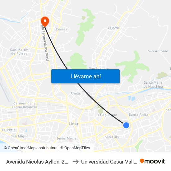 Avenida Nicolás Ayllón, 2598 to Universidad César Vallejo map