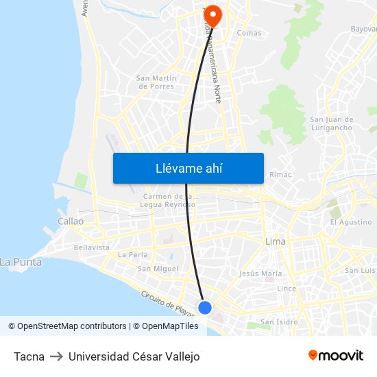 Tacna to Universidad César Vallejo map