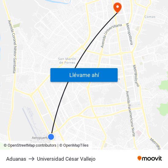 Aduanas to Universidad César Vallejo map