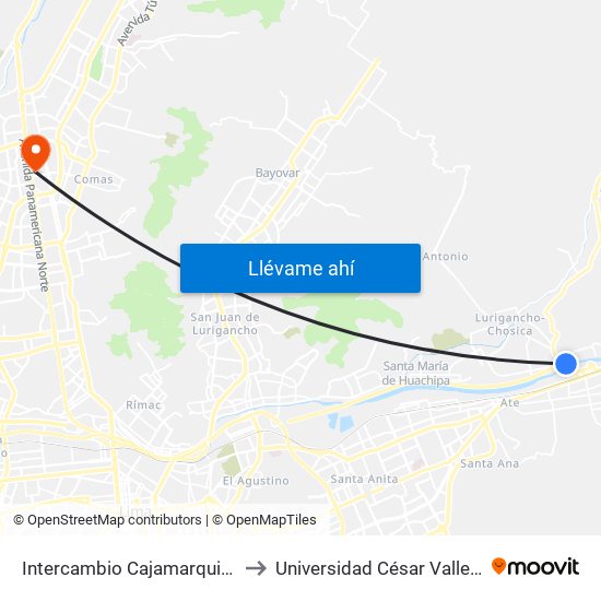 Intercambio Cajamarquilla to Universidad César Vallejo map