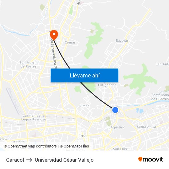 Caracol to Universidad César Vallejo map