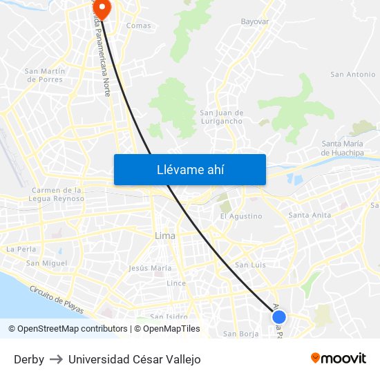 Derby to Universidad César Vallejo map