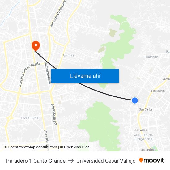 Paradero 1 Canto Grande to Universidad César Vallejo map