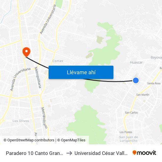 Paradero 10 Canto Grande to Universidad César Vallejo map
