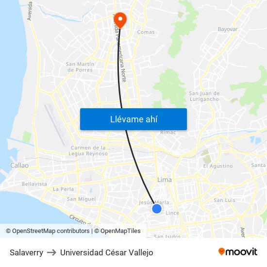 Salaverry to Universidad César Vallejo map