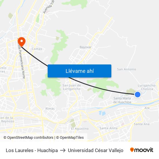 Los Laureles - Huachipa to Universidad César Vallejo map