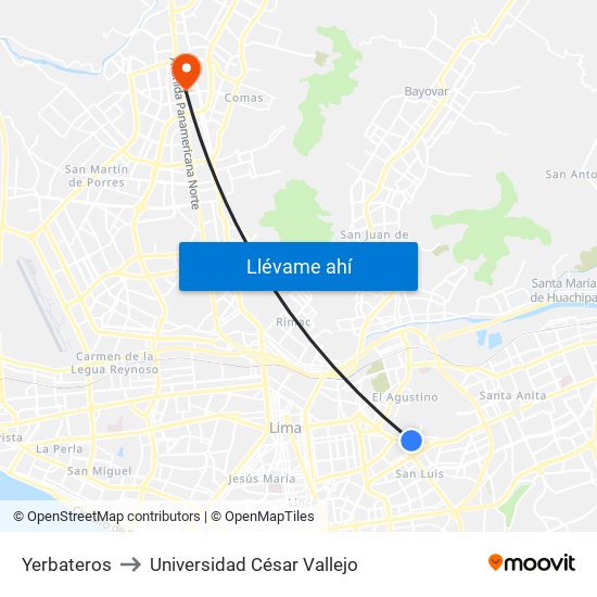 Yerbateros to Universidad César Vallejo map