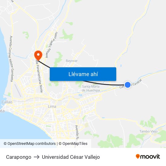 Carapongo to Universidad César Vallejo map