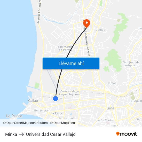 Minka to Universidad César Vallejo map